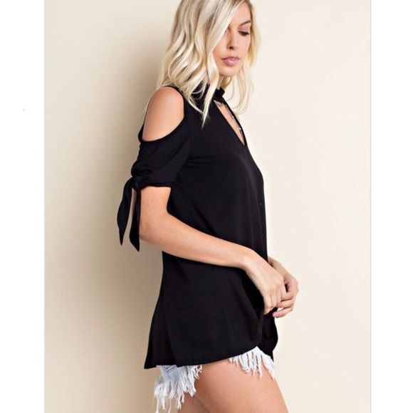 Black cold shoulder tie sleeve top - Picture 3 of 7